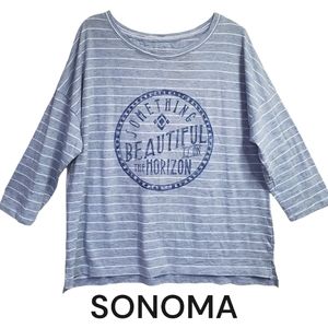 Sonoma Women's Top Graphic Tee Stripes Sailor Beach 3/4 Sleeves Size XL